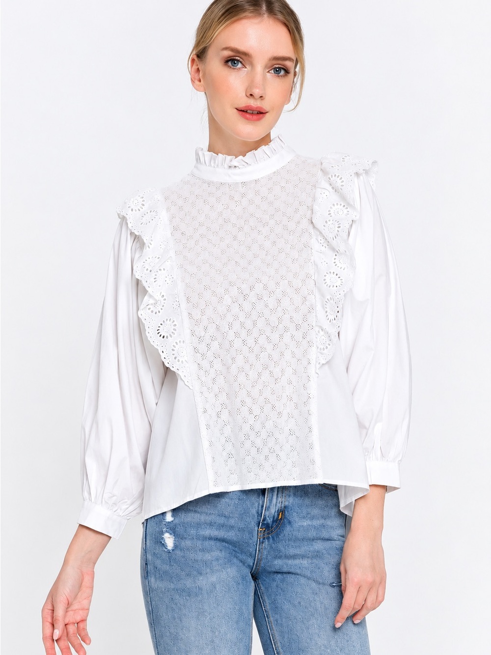 Anthropologie White Eyelet Ruffle Blouse Mock Neck Puff Sleeve Cottagecore